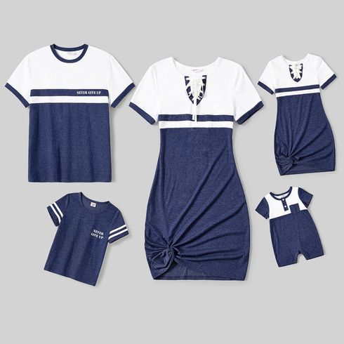 Family Matching Colorblock Lace-up V Neck Short-sleeve Twisk Knot Bodycon Dresses and T-shirts Sets royalblue big image 1