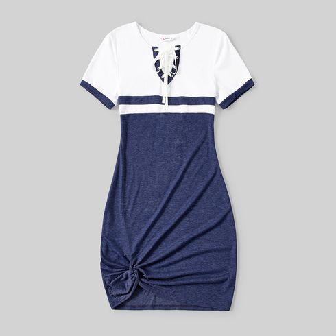 Family Matching Colorblock Lace-up V Neck Short-sleeve Twisk Knot Bodycon Dresses and T-shirts Sets royalblue big image 14