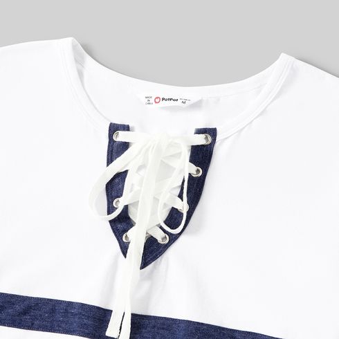 Family Matching Colorblock Lace-up V Neck Short-sleeve Twisk Knot Bodycon Dresses and T-shirts Sets royalblue big image 16