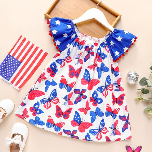 Independence Day Toddler Girl Butterfly Print Pom Pom Decor Short-sleeve Dress