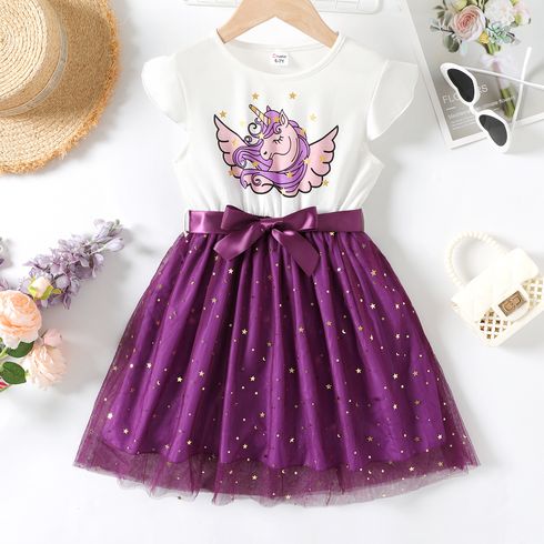 Kid Girl Unicorn Print Glitter Design Mesh Splice Belted Flutter-sleeve Dress