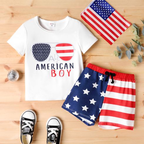 Independence Day 2pcs Toddler Boy Letter & Glasses Print Tee and Stars Print Striped Shorts Set
