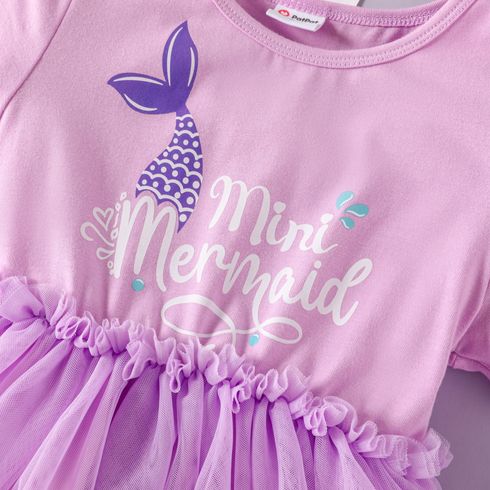 Toddler Girl Letter Print Mesh Splice Short-sleeve Dress Purple big image 4