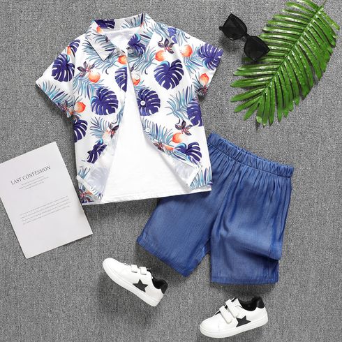 2pcs Kid Boy Plant Print Short-sleeve Shirt and Solid Shorts Set