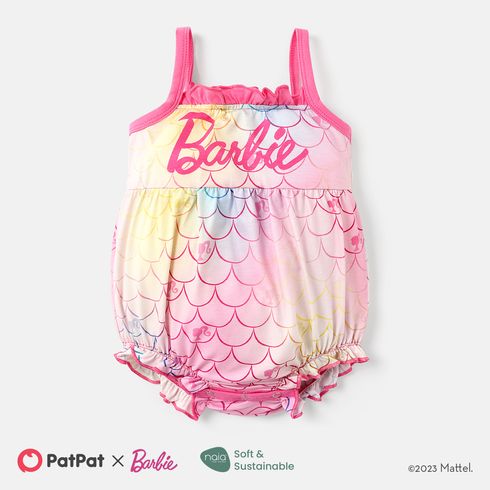 Barbie Baby Girl Letter Print Mermaid Design Frill Trim Naia™ Cami Romper