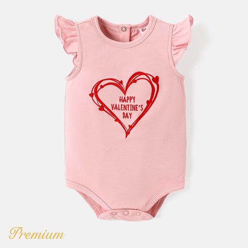 Valentine's Day Baby Girl Cotton Heart & Letter Embroidered Flutter-sleeve Romper
