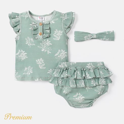 3pcs Baby Girl Cotton Ribbed Floral Print Flutter-sleeve Romper and Layered Shorts & Headband Set