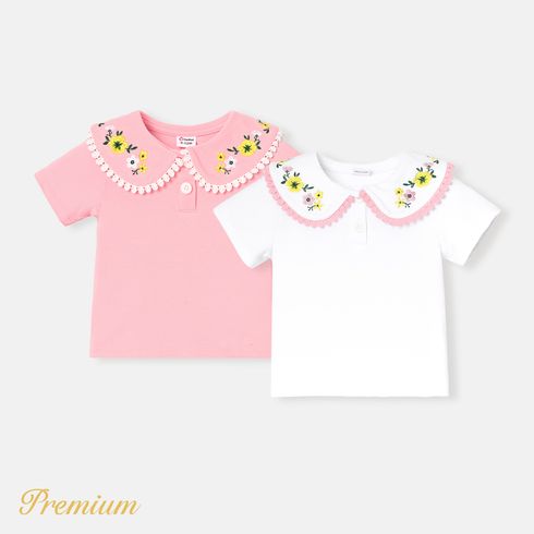 Baby Girl Cotton Floral Embroidered Collar Short-sleeve Tee