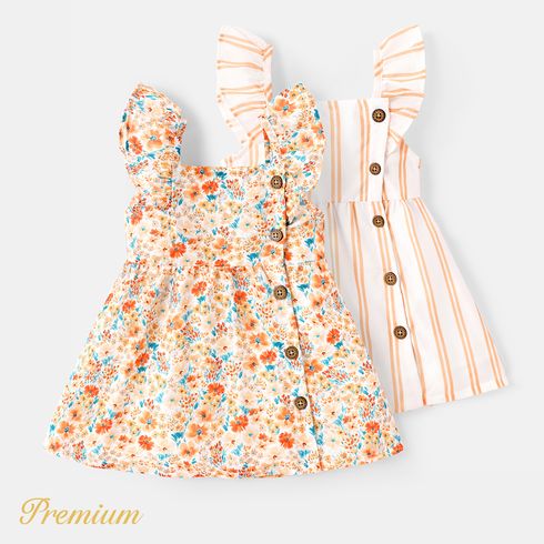 Baby Girl 100% Cotton Solid or Striped/Floral-print Flutter-sleeve Button Front Dress
