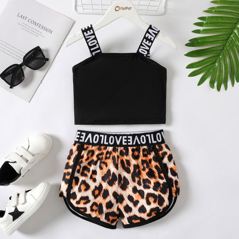 2pcs Kid Girl Letter Tape Camisole and Leopard Shorts Set