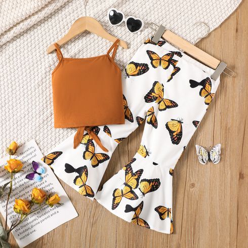 2-piece Toddler Girl Button Design Tie Knot Camisole Tank and Butterfly Print Flared Pants Set Brown big image 2