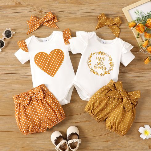 3pcs Baby Girl 95% Cotton Ruffle Short-sleeve Graphic Romper and Dots/Floral Print Shorts with Headband Sets