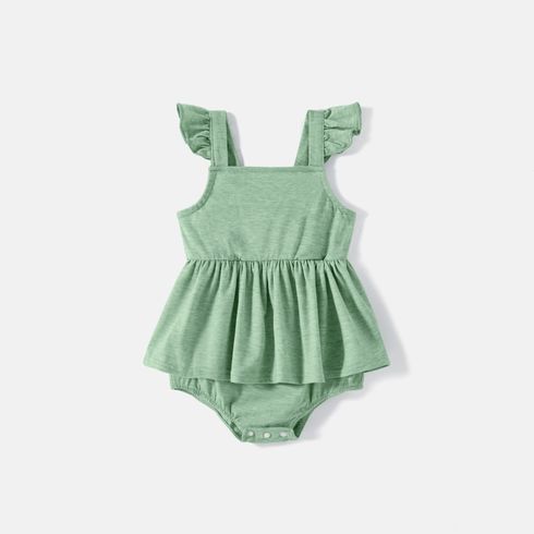Family Matching Green Halter Neck Sleeveless Drawstring Dresses and Striped Splicing Short-sleeve T-shirts Sets Green big image 5