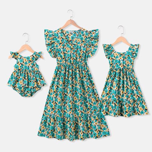 Mommy and Me Allover Floral Print Ruffle-sleeve V Neck Dresses