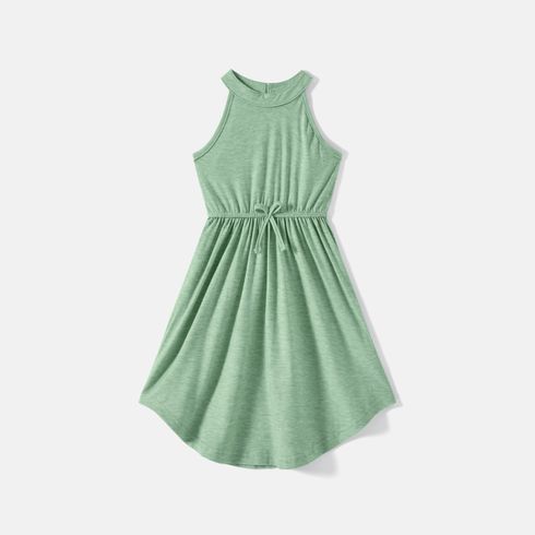 Family Matching Green Halter Neck Sleeveless Drawstring Dresses and Striped Splicing Short-sleeve T-shirts Sets Green big image 16