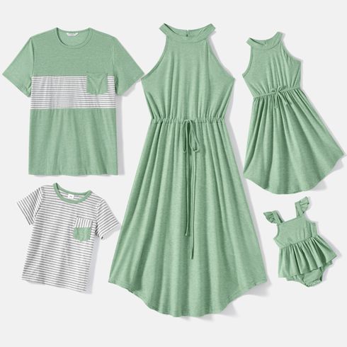 Family Matching Green Halter Neck Sleeveless Drawstring Dresses and Striped Splicing Short-sleeve T-shirts Sets Green big image 2