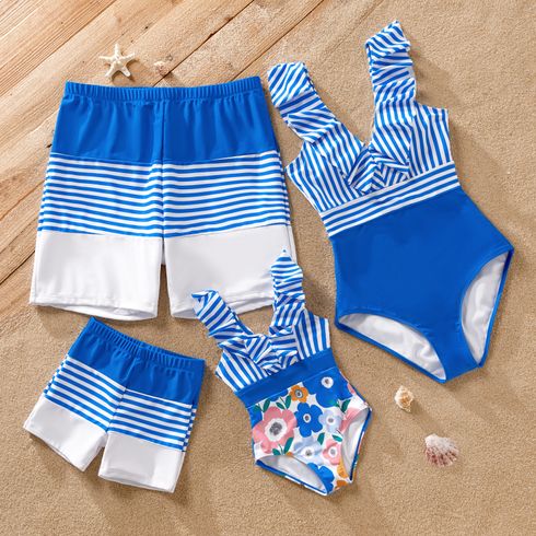 Family Matching Blue Striped Spliced Ruffled One-piece Swimsuit or Swim Trunks Shorts