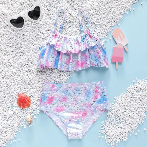 2pcs Kid Girl Mermaid Design Ruffled Strappy Two-piece Swimsuit
