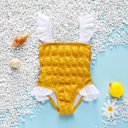 Baby Girl Contrast Ruffle Trim Spliced Textured One-piece Swimsuit Yellow big image 1
