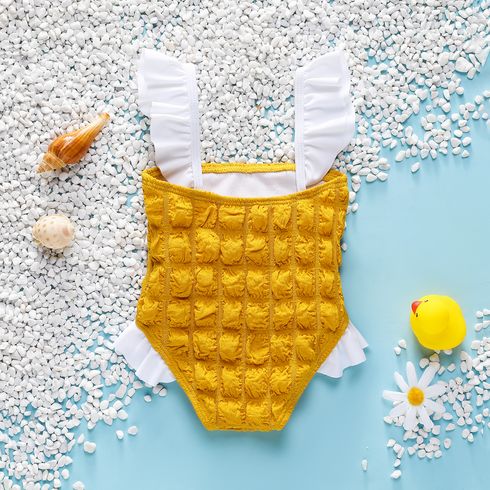 Baby Girl Contrast Ruffle Trim Spliced Textured One-piece Swimsuit Yellow big image 2