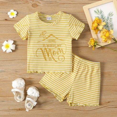 2pcs Baby Girl Letter Embroidered Yellow Striped Ribbed Short-sleeve Tee & Shorts Set