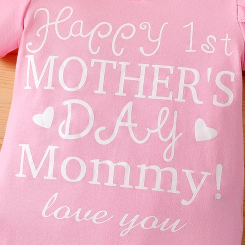 Mother's Day 4pcs Baby Girl 95% Cotton Short-sleeve Letter Graphic Romper and Pineapple Print Belted Shorts with Hat & Headband Set Pink big image 3
