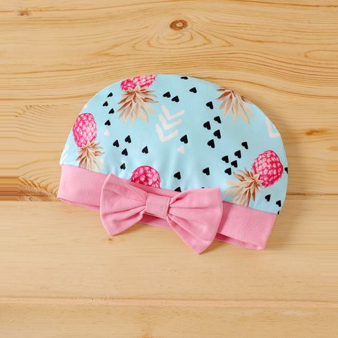 Mother's Day 4pcs Baby Girl 95% Cotton Short-sleeve Letter Graphic Romper and Pineapple Print Belted Shorts with Hat & Headband Set Pink big image 4