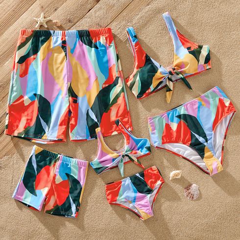 Family Matching Allover Colorful Geo Print Knot Front Two-piece Bikini Set Swimsuit or Swim Trunks Shorts