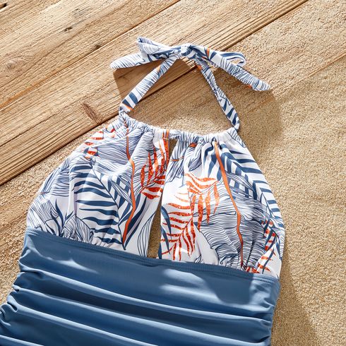 Family Matching Solid & Leaf-print Halter Neck One-piece Swimsuit or Swim Trunks Shorts Blue big image 10