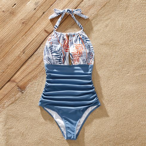Family Matching Solid & Leaf-print Halter Neck One-piece Swimsuit or Swim Trunks Shorts Blue big image 9