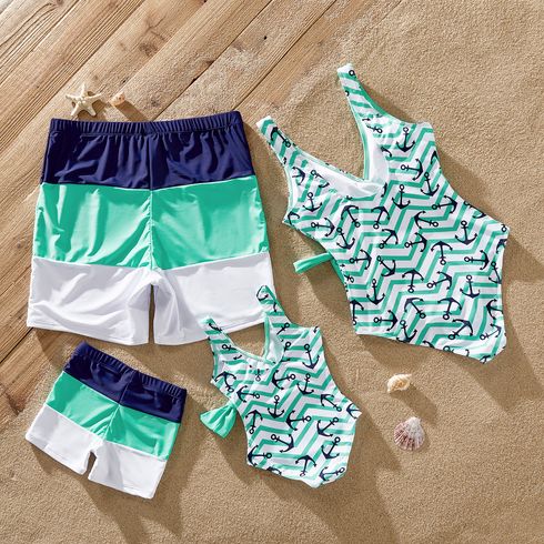 Family Matching Allover Anchor Print Colorblock Self Tie One-piece Swimsuit or Swim Trunks Shorts Mintblue big image 2