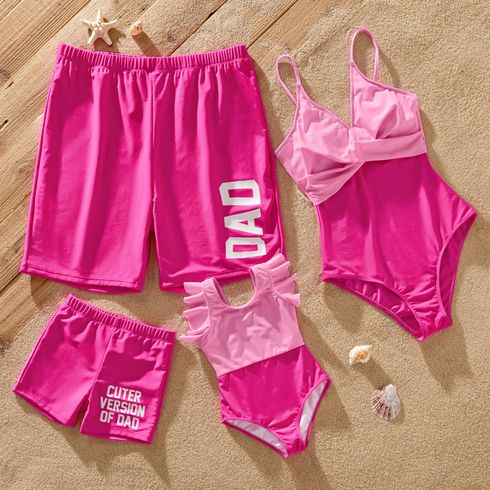 Family Matching Colorblock Spliced One-piece Swimsuit or Letter Print Swim Trunks Shorts PINK-1 big image 1
