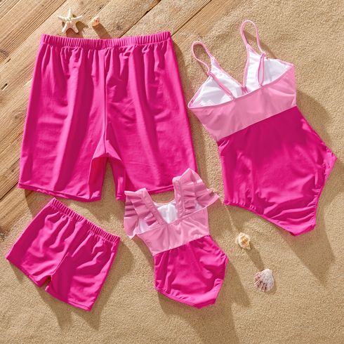 Family Matching Colorblock Spliced One-piece Swimsuit or Letter Print Swim Trunks Shorts PINK-1 big image 2