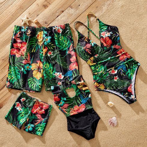 Family Matching Allover Plant Print Lace Up One-piece Swimsuit or Swim Trunks Shorts