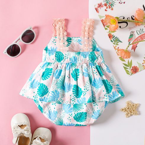 Baby Girl Allover Palm Leaf Print Lace Strap Romper Colorful big image 2