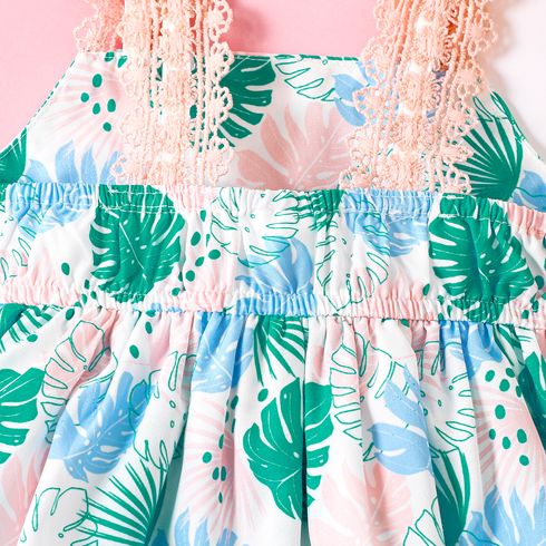 Baby Girl Allover Palm Leaf Print Lace Strap Romper Colorful big image 4