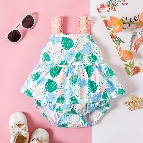 Baby Girl Allover Palm Leaf Print Lace Strap Romper
