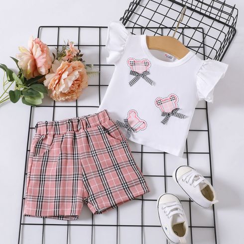2pcs Baby Girl 95% Cotton Bear Graphic Ruffle-sleeve Top and Plaid Shorts Set