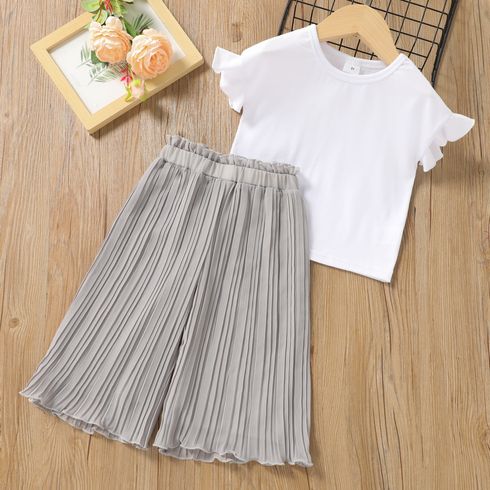 2pcs Toddler Girl Solid Ruffle-sleeve Tee and Pleated Wide Leg Pants Set