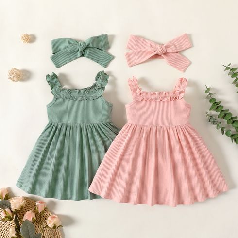 2pcs Baby Girl Ribbed Slip Dress & Bow Headband Set