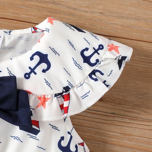 Toddler Girl Sailboat Print Bow Decor Ruffle Collar Sleeveless Dress BLUE WHITE big image 5