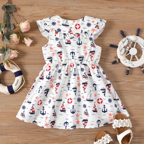 Toddler Girl Sailboat Print Bow Decor Ruffle Collar Sleeveless Dress BLUE WHITE big image 2