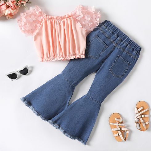 Kid Girl 3D Butterfly Design Off Shoulder Mesh Sleeve Blouse or Ripped Raw Hem Flare Jeans Pink big image 3