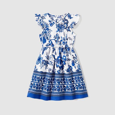 Family Matching Allover Floral Print V Neck Flutter-sleeve Dresses and Short-sleeve Striped T-shirts Sets Blue big image 10
