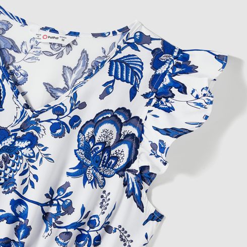 Family Matching Allover Floral Print V Neck Flutter-sleeve Dresses and Short-sleeve Striped T-shirts Sets Blue big image 16