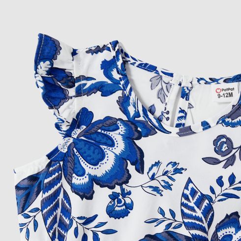 Family Matching Allover Floral Print V Neck Flutter-sleeve Dresses and Short-sleeve Striped T-shirts Sets Blue big image 3