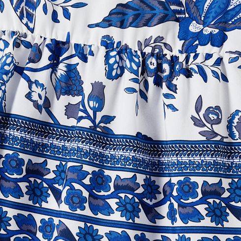 Family Matching Allover Floral Print V Neck Flutter-sleeve Dresses and Short-sleeve Striped T-shirts Sets Blue big image 5