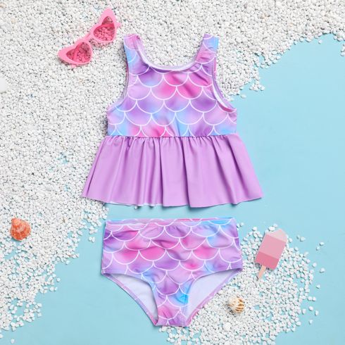 2pcs Baby Girl Mermaid Design Ruffle Hem Top & Shorts Two-piece Swimsuit