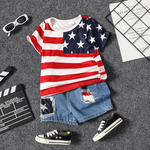 Independence Day 2pcs Toddler Boy Colorblock Short-sleeve Top and Ripped Denim Shorts Set