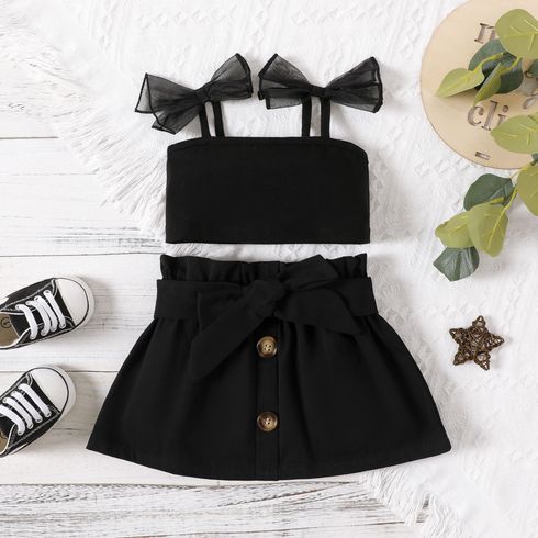 2pcs Baby Girl Tie Shoulder Cotton Camisole and 100% Cotton Belted Skirt Set